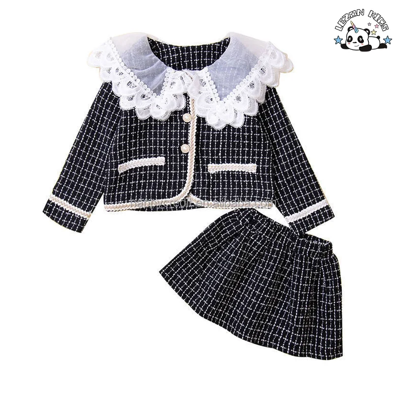 LEZONKIDS - Customizable High Street Long Sleeve Pearl Plaid Coat Skirt Two Pieces Girls Clothing Set for Autumn